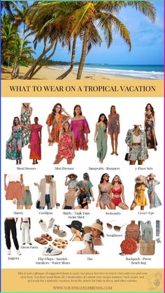 an advertisement for the tropical vacation with pictures of women in bikinis and sun hats