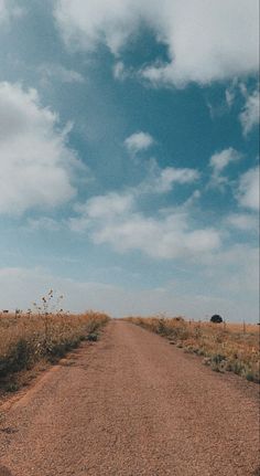 an empty dirt road in the middle of a dry grass field under a cloudy blue sky