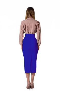 This Royal Blue Cotton Midi Skirt is made from premium quality 100% cotton, offering breathability and comfort. Perfect for any season, the midi length provides coverage and sophistication. It's a timeless and versatile piece that can be dressed up or down. Product Features Please Compare your Measurements To our Size Chart Before Purchase Fully Lined Fitted waist Center back seam with invisible zipper Regular fit- true to size Skirt Length is 30 Inches from Waist Hand Wash with mild soap. Fabri Fitted Midi-length Bottoms For Office, Elegant Cotton Pencil Skirt Bottoms, Elegant Cotton Pencil Skirt, Elegant Non-stretch Cotton Skirt, Fitted Knee-length Bottoms In Solid Color, Blue Pencil Skirt For Workwear In Fall, Fitted Knee-length Solid Color Bottoms, Blue Pencil Skirt For Fall, Blue Fall Pencil Skirt For Work