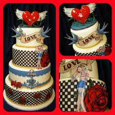 three tiered cake decorated with hearts and tattoos