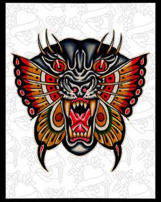 a tattoo design with an animal's head and colorful wings on the back of it