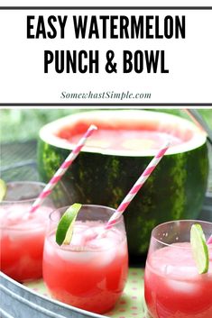 three glasses filled with watermelon punch and garnished with lime