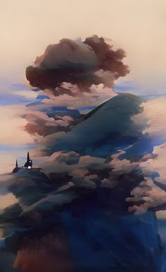 an abstract painting of clouds over a mountain