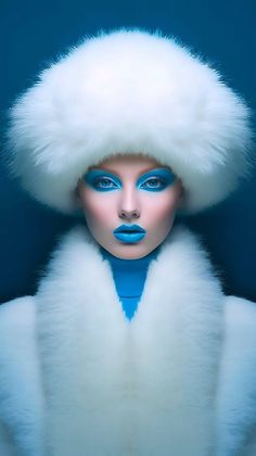 a woman with blue makeup and fur hat