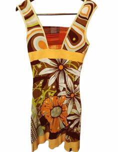 Profile Bodycon Mini Floral Abstract Dress With Bright Yellow Orange And Other Fall Colors This Is An Above The Knee Mini Dress That Will Look Great With Or Without A Pair Of Leggings Nwot Size: L Brown Stretch Dresses For Summer, Brown Stretch Summer Dress, Summer Stretch Brown Dress, Fitted Yellow Dress With Retro Print, Retro V-neck Mini Dress For Summer, Yellow Retro Print Top For Summer, Yellow Spring Dress With Retro Print, Orange Retro Print Summer Dress, Yellow Dress With Retro Print For Spring