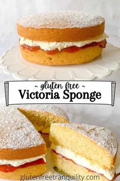 a cake that has been cut in half and is on a plate with the words gluten free victoria sponge