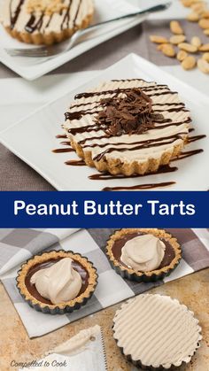 peanut butter tarts with chocolate drizzled on top and white frosting