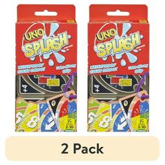 two packs of uno - splash game cards with numbers and symbols on them, one is for