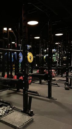 an empty gym with rows of squat racks and weight plates on the floor in front of them