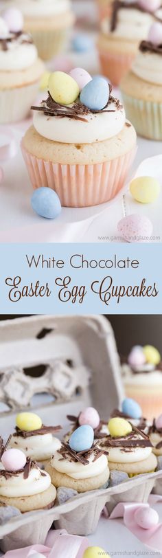 white chocolate easter egg cupcakes with candy eggs on top and in the background