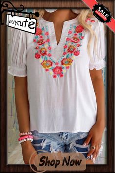 White Floral Embroidered Ruffled Puff Sleeve Blouse Casual Tops With Floral Embroidery And Ruffle Sleeves, Bohemian Embroidered Top With Ruffles For Spring, Summer Casual Peasant Top With Ruffle Sleeves, Casual Summer Peasant Top With Ruffle Sleeves, Casual Peasant Top With Ruffle Sleeves For Summer, Vacation Blouse With Ruffles And Puff Sleeves, Casual Peasant Top With Multicolor Embroidery For Spring, Casual Multicolor Embroidered Peasant Top For Spring, Embroidered Short Sleeve Blouse For Brunch