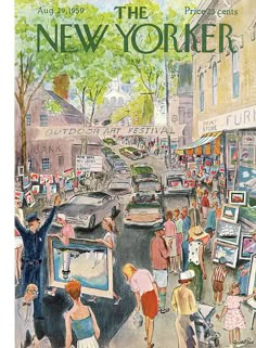 an advertisement for the new yorker magazine featuring people walking down the street and looking at pictures