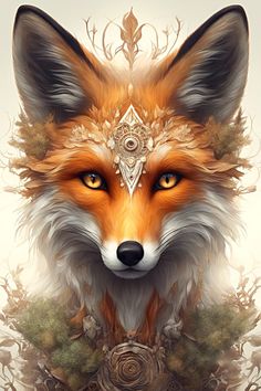 a fox with an intricate head piece on it's face