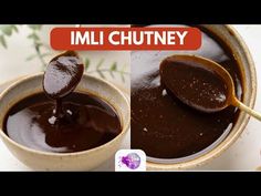 chocolate sauce being poured into a bowl with spoons in it and the words, imli chutney