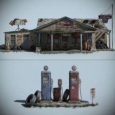 two pictures of old gas pumps in front of a building with clocks on the roof