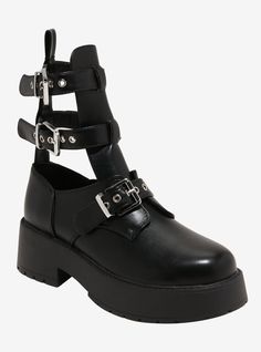 Gear up for hot ghoul summer in these black boots! They feature strappy buckles  plus cutout detailing to keep you fresh and looking cool.Listed in women's sizes.2'' platformPolyurethane upper & soleImported Spring Punk Style Chunky Platform Boots, Edgy Platform Boots With Buckle Closure And Round Toe, Edgy Spring Moto Boots With Platform, Trendy Spring Moto Boots With Buckle Closure, Trendy Moto Boots With Buckle Closure For Spring, Alternative Style Platform Boots With Buckle And Round Toe, Alternative Style Platform Boots With Buckle Closure, Round Toe Platform Boots With Buckle For Alternative Fashion, Edgy Platform Boots For Spring Alternative Fashion