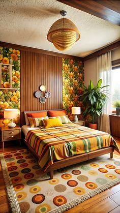 a bedroom with a large bed and colorful wallpaper