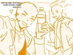 a drawing of two people holding bottles and talking to each other with an orange background