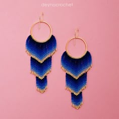 Blue Gradient Gold Beaded Earrings Ombre Long Fringe Light - Etsy Costa Rica Ombre Seed Bead Earrings, Fringe Light, Gold Beaded Earrings, Anting Manik, Blue Beaded Earrings, Gold Bead Earrings, Beaded Earrings Tutorials, Beaded Earrings Diy, Brick Stitch Earrings