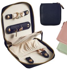 three purses are shown in different colors and sizes, one is open to show the contents