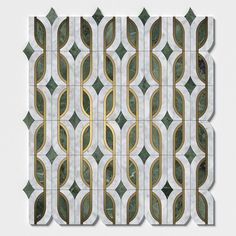 an art deco tile design with gold and green accents on the edges, along with a white background