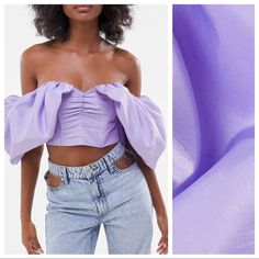 Nwt. Bershka Lilac Full Sleeve Panelled Crop Top. Size S. Ref. 7514/405. Pit To Pit 15" Flat, Sleeves 11", Length 8". 1001 Spring Party Crop Top With Puff Sleeves, Summer Off-shoulder Ruched Blouse, Spring Purple Off-shoulder Top, Lavender Top For Night Out In Spring, Summer Party Lavender Blouse, Trendy Spring Stretch Blouse, Trendy Spring Blouse With Stretch, Chic Fitted Purple Blouse, Trendy Purple Summer Blouse