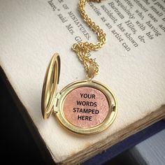 This is a beautiful gold coloured locket necklace with your words hand stamped on a copper disc There can be 4 lines of text with 8 characters per line The disc is made from reclaimed copper and is hand stamped by me Wife Jewelry, Locket Pendant Necklace, Necklace Wedding, Jewellery Gift, Locket Necklace, Hand Stamped, Locket, Wedding Anniversary, Jewelry Gifts