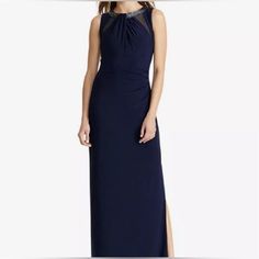 Item In Good Condition. Color Is Navy Blue. Beautiful Beading And Features Side Ruching Detail For An Elegant Touch. Elegant Ralph Lauren Maxi Dress, Elegant Ralph Lauren Evening Maxi Dress, Ralph Lauren Sleeveless Evening Dress, Elegant Ralph Lauren Wedding Dress, Elegant Blue Ralph Lauren Dress, Ralph Lauren Black Label, Floral Gown, Bow Detail Dress, Ralph Lauren Women