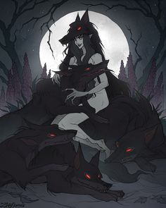 two women sitting on top of each other in front of a full moon with red eyes