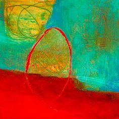 an abstract painting of a basket and ball in red, green, yellow and blue