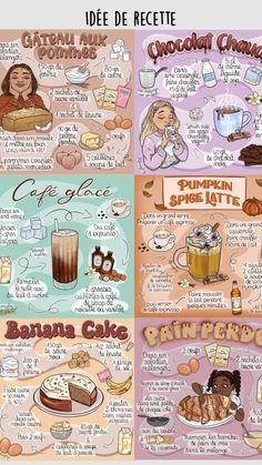 the different types of desserts are shown in this graphic style, including cake and coffee