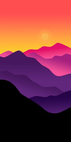 the sun is setting over mountains with purple and pink hues on them, as well as an orange sky