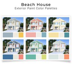 the exterior paint color palettes for beach house houses are shown in four different colors