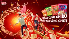 an advertisement for chips with two people riding bikes and one person on a bike in the middle