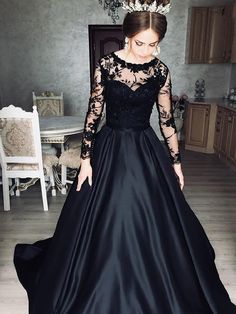 A-Line Satin Lace Illusion Bateau Long Sleeves Sweep Black Wedding Dre - Princessly Evening Dress Long Sleeve, Princess Dress Prom, Black Lace Evening Gown, Long Black Evening Dress, Long Sleeve Ball Gowns, Evening Dress Long, Black Evening Dress, Satin Ball Gown, Lace Evening Gowns