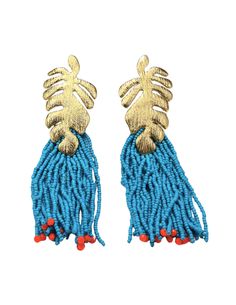 Steven Dann Palm Leaf Beaded Statement Earring in Gold/Ocean. Gold toned textured palm leaf post. Cerulean blue beaded tassels. Orange bead details. Classic post. Approx. 4" long. Rococo Sand, Minnie Rose, Ronny Kobo, Derek Lam 10 Crosby, Cerulean Blue, Gold Statement Earrings, Statement Earring, Beaded Tassels, Palm Leaf