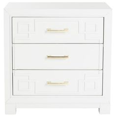 a white nightstand with two drawers and gold pulls on the bottom drawer, against a white background