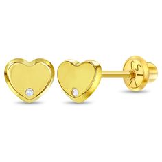 Simple and adorable pair of heart earrings that sure to become your most favorite jewelry set when dressing your little one. Beautifully crafted entirely in genuine 14k yellow gold with a diamond accent. This pair of heart earrings is suitable for your little ones with sensitive ears. The screw backs assure they won't fall off and will fit comfortably on your child's earlobe. Order a pair of these lovely heart earrings for girls today and we'll include a lovely little gift box. Age Group: Elegan Valentine's Day Yellow Gold Heart Earrings For Pierced Ears, Hypoallergenic Yellow Gold Open Heart Earrings, Valentine's Day Yellow Gold Huggie Heart Earrings, Valentine's Day Yellow Gold Heart Huggie Earrings, Valentine's Day Yellow Gold Heart Earrings, Yellow Gold Round Heart Earrings, Yellow Gold Round Heart Earrings For Valentine's Day, Valentine's Day Hypoallergenic Yellow Gold Heart Earrings, Hypoallergenic Yellow Gold Heart Earrings For Valentine's Day