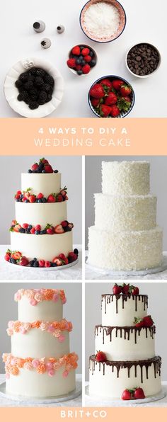 four different types of wedding cakes with strawberries on top and chocolate in the middle