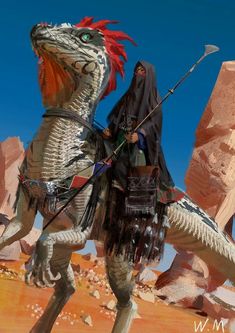 a man riding on the back of a horse next to a giant lizard in desert