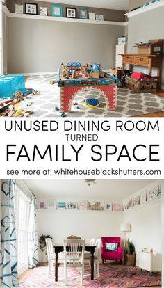 the dining room is turned into a family space with colorful rugs and furniture in it