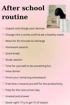 a pink poster with the words after school routine written on it and an image of a woman's head