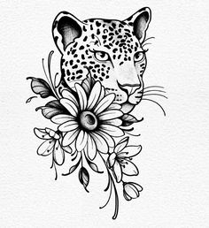 a black and white drawing of a leopard with flowers