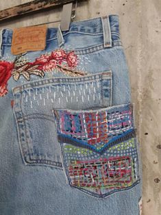 Vintage apcycledĺ Jean's vintage lee | Etsy Vintage Reworked Jeans For Spring, Vintage Recycled Denim Jeans For Spring, Spring Vintage Reworked Jeans, Bohemian High Rise Medium Wash Jeans, Festival Straight Leg Jeans With Pockets, Festival Straight Leg Jeans, Refashioned Jeans, Altered Jeans, Jean Patches