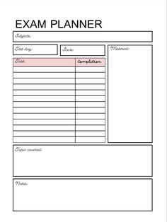 an exam planner is shown in the form of a blank sheet with lines on it