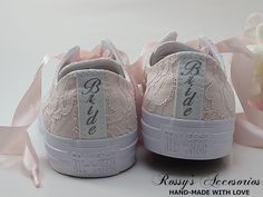 "Beautiful and Romantic wedding sneaker are a perfect accessories for your Special day..These Wedding WhiteChuck Taylor All Star Monochrome Low Top Converse Sneakers , are embellished with Blush Lace fabric . White Satin Ribbon shoe lace for tying ... Lace is available in white , Ivory andChampagne This Chuck Taylor All Star Monochrome Low Top runs a half-size large. Handmade to order, so please allow me enough time before your wedding date. Orders are processed and shipped within 5-6 WEEKS of p Pink Closed Toe Wedding Shoes, Pink Lace-up Wedding Shoes, Lace-up Pink Wedding Shoes, Lace-up Bridesmaid Wedding Shoes, Low-top Wedding Shoes With White Laces, Round Toe Wedding Shoes With Laces, Round Toe Lace Wedding Shoes, Lace-up Wedding Shoes With Laces, Lace-up Wedding Shoes For Bride