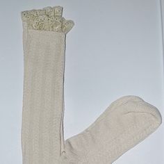 Never Worn, Knee High, Lace Detail Beige Stretch Knee-high Socks For Spring, Beige Stretch Cotton Socks, Stretch Cotton Socks In Beige, Fitted Beige Socks For Spring, Stretch Beige Cotton Socks, Beige Stretch Socks For Spring, Spring Stretch Beige Socks, Cream Stretch Knee-high Socks For Spring, Spring Cream Stretch Knee-high Socks