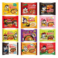 six bags of noodles with cartoon characters on them, all in different colors and flavors