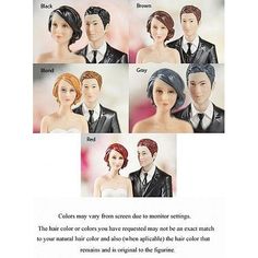 an image of wedding cake toppers with different styles and colors on the front, side, and back