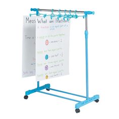 a blue and white sign with writing on it next to a poster holder that says, me's what are fractions?